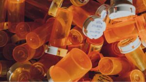 View of empty prescription pill bottles